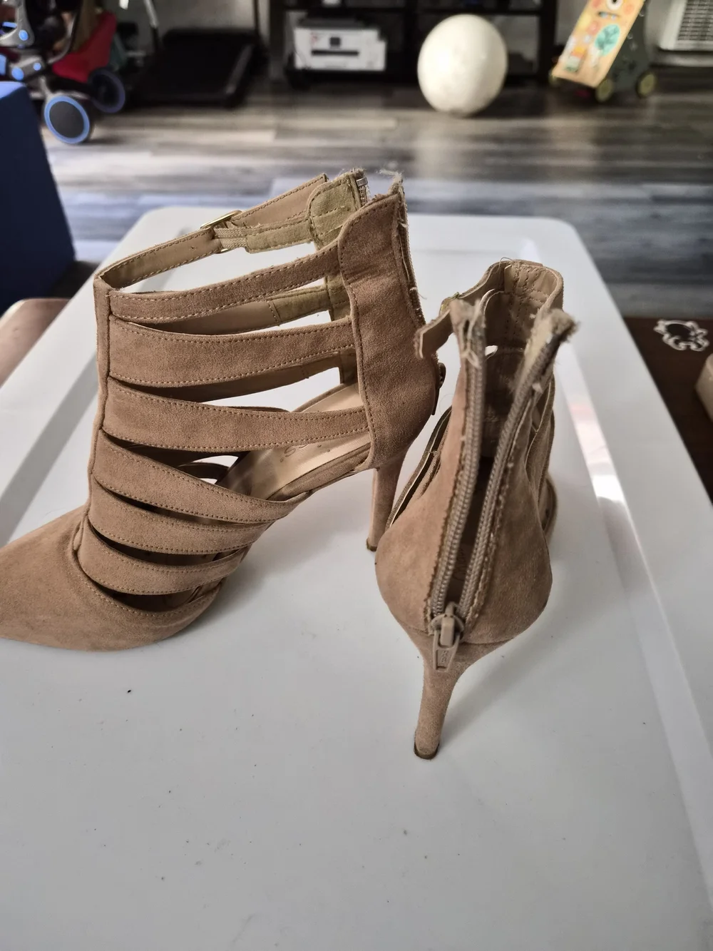 Strappy Pointed-Toe Suede Heels in Tan